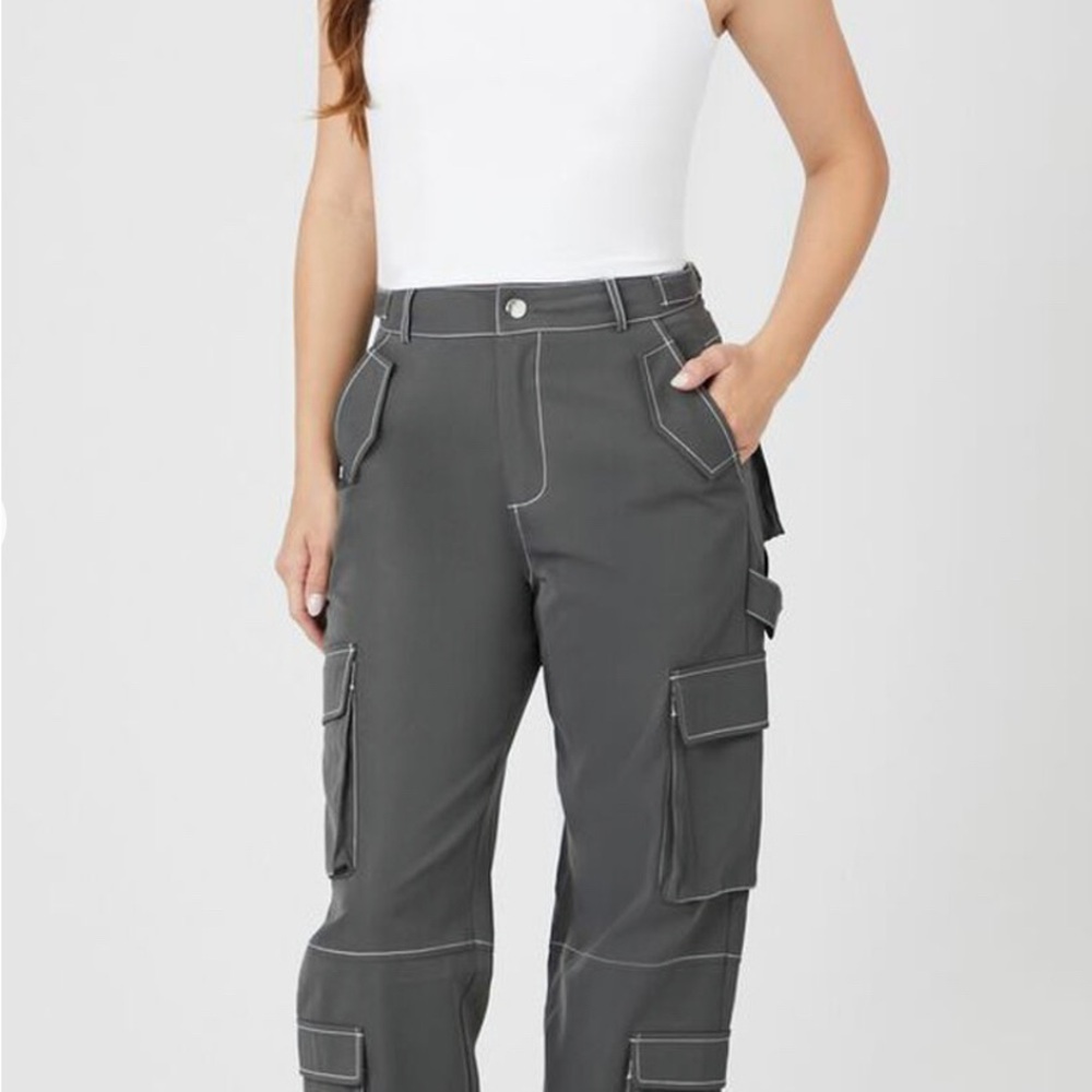 Gray Cargo Pants with White Stitching